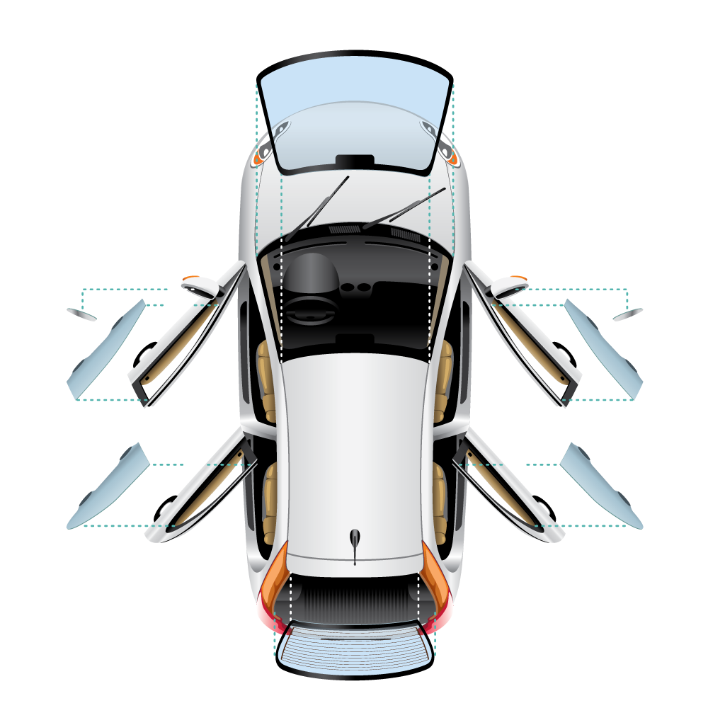 Ilustração de um carro detalhado em partes e cortes